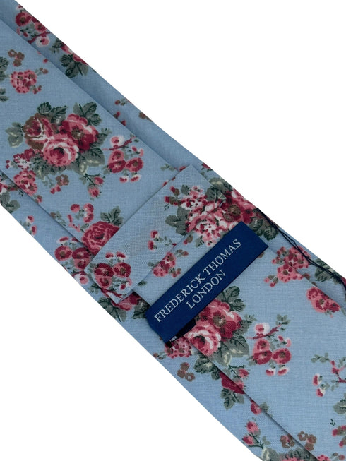 pale baby cornflower  blue tie  with pink rose peony flower design
